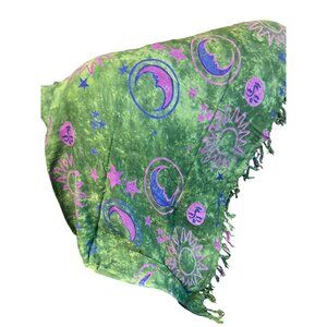Celestial Print Green Purple Fringed Shawl Wrap Astrology Sun Moon 68" x 45"